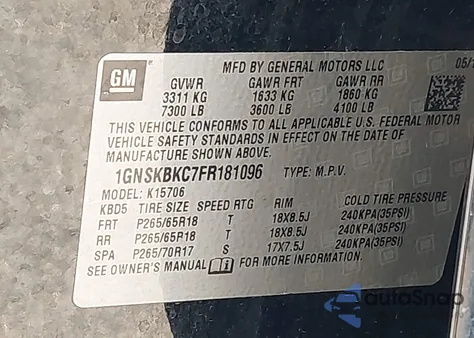 2015 Chevrolet Tahoe Lt z USA, uszkodzony, nr VIN 1GNSKBKC7FR181096